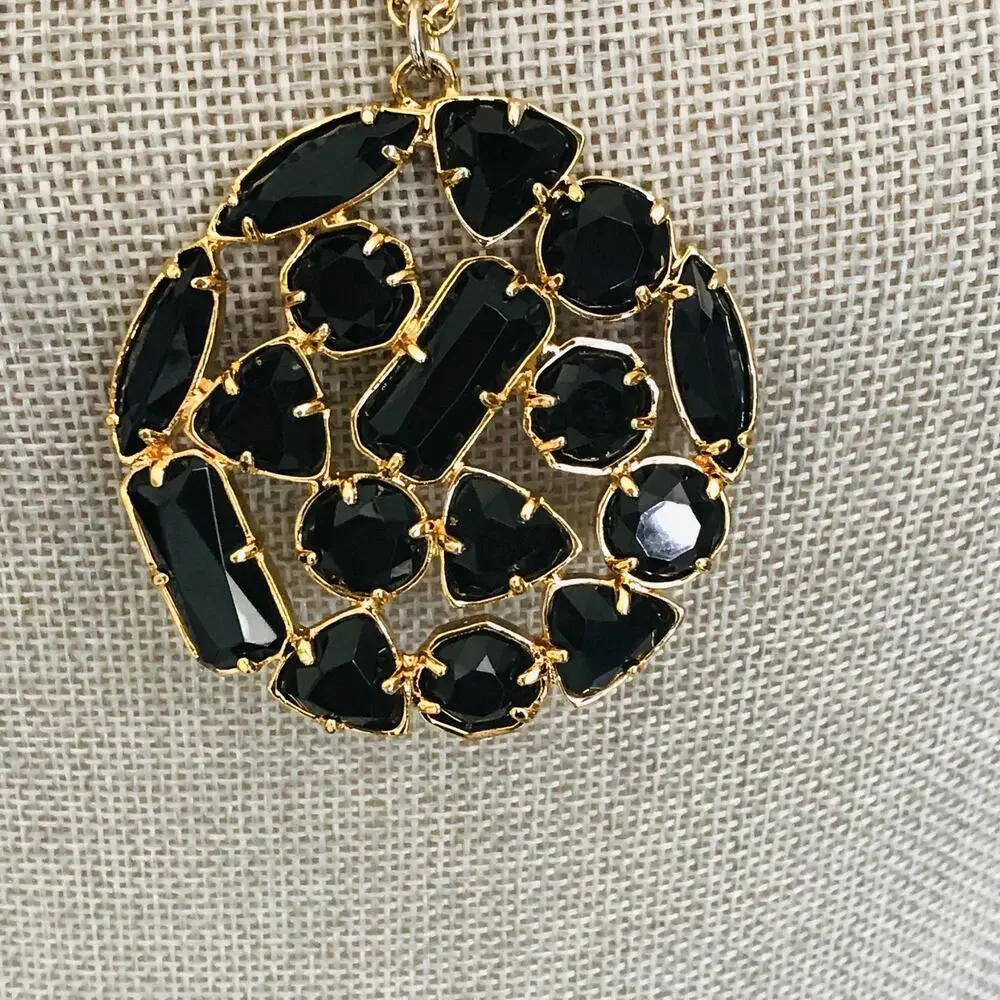 Kate Spade Long Pendant Necklace - Signed - Black Sparkling Cluster - Gold Tone